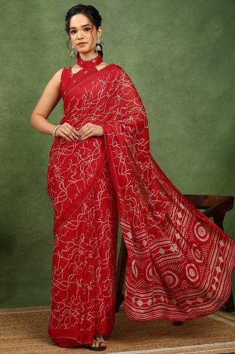 Mirchi fashion red chiffon saree with geometric print & unstitched blouse piece for women
