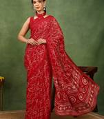 red chiffon saree with geometric print & unstitched blouse piece for women