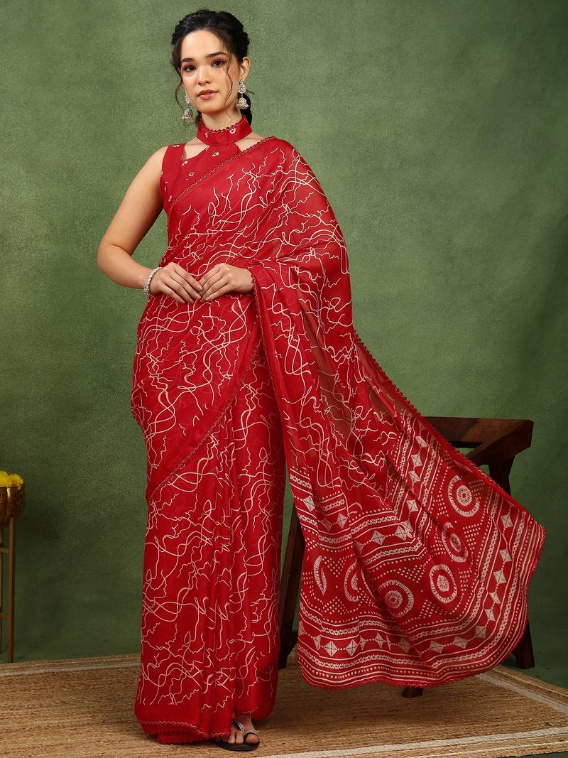 Mirchi fashion red chiffon saree with geometric print & unstitched blouse piece for women