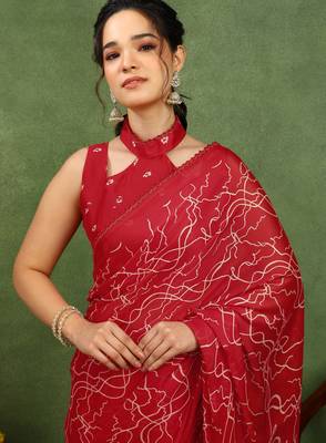 red chiffon saree with geometric print & unstitched blouse piece for women 2