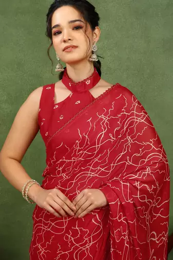 red chiffon saree with geometric print & unstitched blouse piece for women