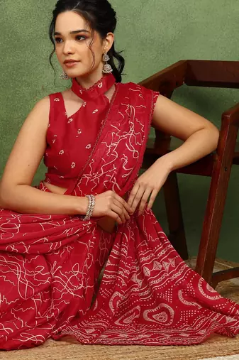 red chiffon saree with geometric print & unstitched blouse piece for women