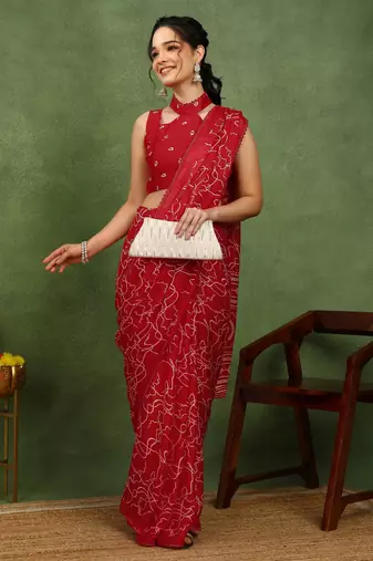 red chiffon saree with geometric print & unstitched blouse piece for women