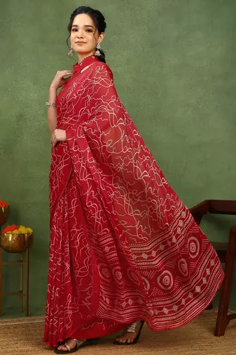 red chiffon saree with geometric print & unstitched blouse piece for women
