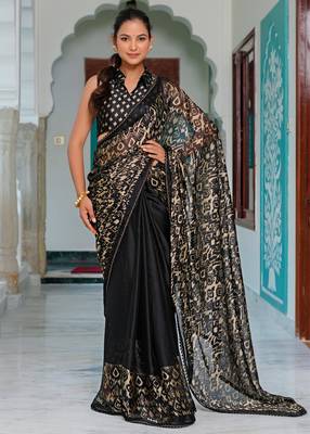 black chiffon saree with ikkat print & unstitched blouse piece for women 1