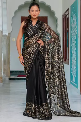Mirchi fashion black chiffon saree with ikkat print & unstitched blouse piece for women
