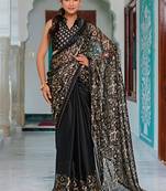 black chiffon saree with ikkat print & unstitched blouse piece for women