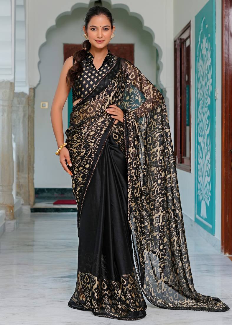 Mirchi fashion black chiffon saree with ikkat print & unstitched blouse piece for women