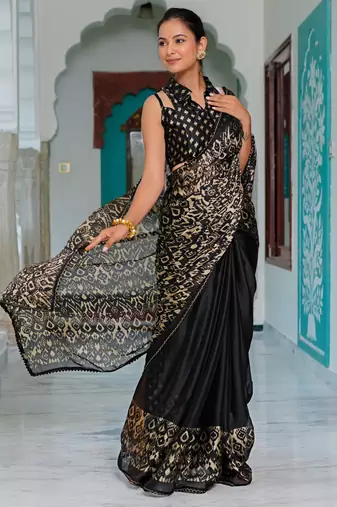 black chiffon saree with ikkat print & unstitched blouse piece for women