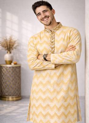 Gold color jaquard weaving work jaquard silk kurta payjama set 1