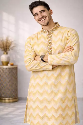 Gold color jaquard weaving work jaquard silk kurta payjama set