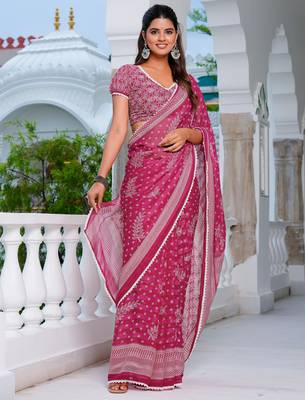 pink chiffon saree with leaf block print & unstitched blouse piece for women 1