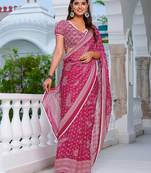 pink chiffon saree with leaf block print & unstitched blouse piece for women