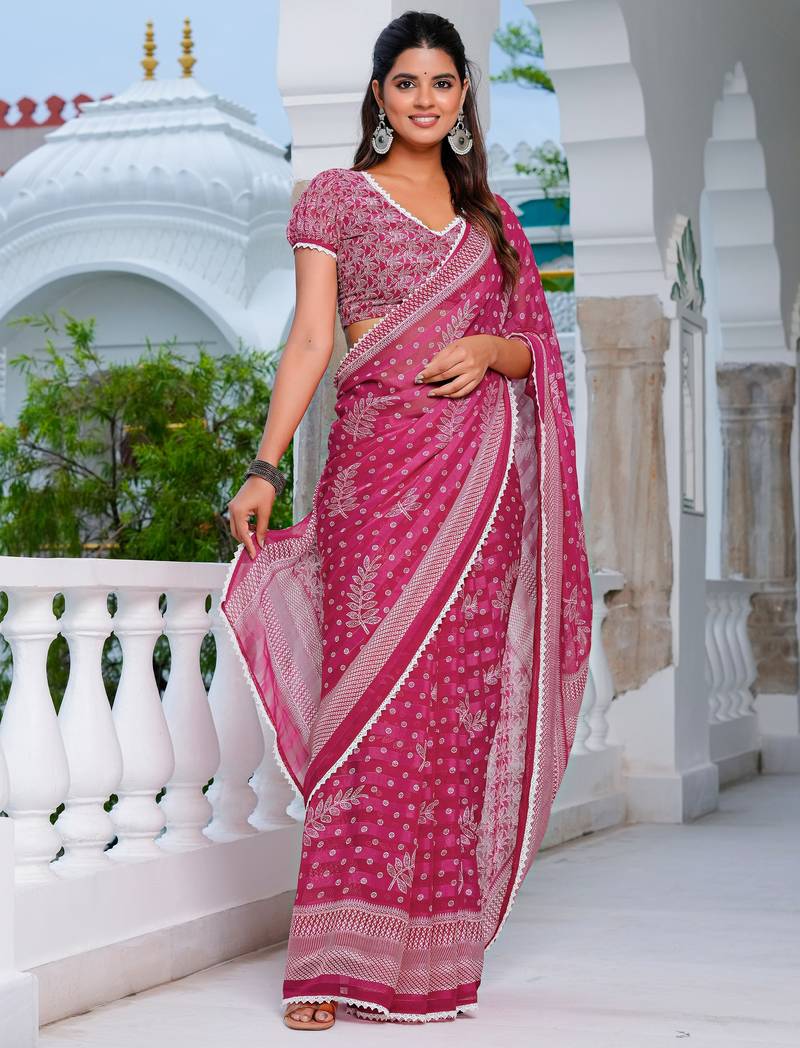 Mirchi fashion pink chiffon saree with leaf block print & unstitched blouse piece for women