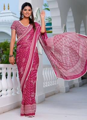 pink chiffon saree with leaf block print & unstitched blouse piece for women 2