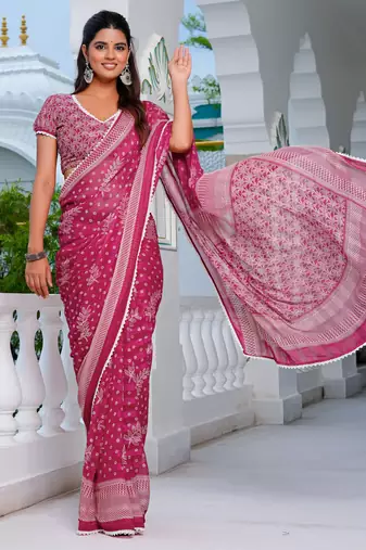 pink chiffon saree with leaf block print & unstitched blouse piece for women