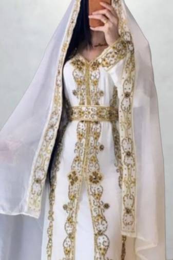 Royal White & Gold Embroidered Moroccan Kaftan – Handcrafted Bridal Kaftan with Matching Sheer Cape