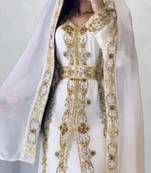 Royal White & Gold Embroidered Moroccan Kaftan – Handcrafted Bridal Kaftan with Matching Sheer Cape