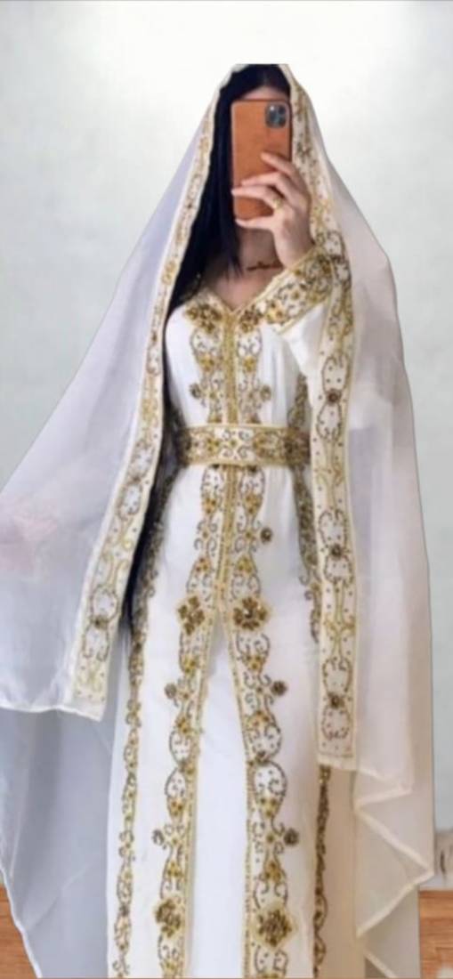 Royal White & Gold Embroidered Moroccan Kaftan – Handcrafted Bridal Kaftan with Matching Sheer Cape