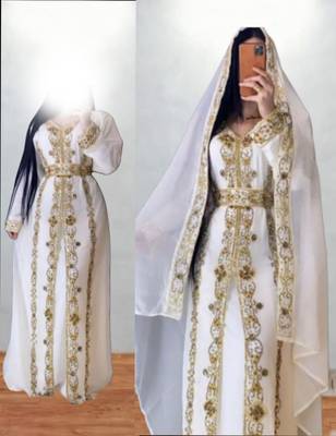 Royal White & Gold Embroidered Moroccan Kaftan – Handcrafted Bridal Kaftan with Matching Sheer Cape 3