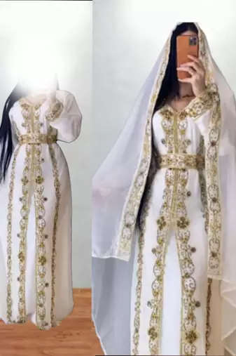 Royal White & Gold Embroidered Moroccan Kaftan – Handcrafted Bridal Kaftan with Matching Sheer Cape
