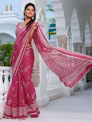 pink chiffon saree with leaf block print & unstitched blouse piece for women 5