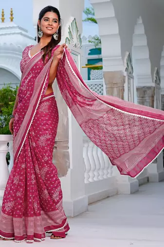 pink chiffon saree with leaf block print & unstitched blouse piece for women