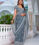 blue chiffon saree with leaf block print & unstitched blouse piece for women