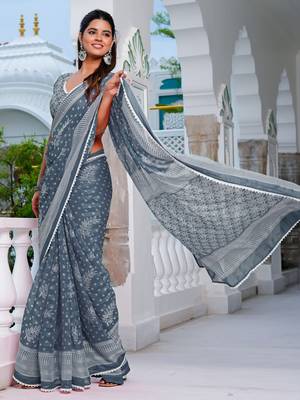 blue chiffon saree with leaf block print & unstitched blouse piece for women 2
