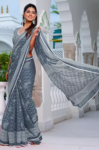 blue chiffon saree with leaf block print & unstitched blouse piece for women