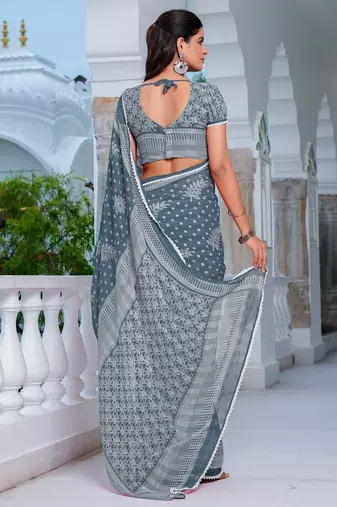blue chiffon saree with leaf block print & unstitched blouse piece for women