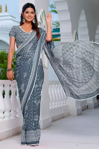 blue chiffon saree with leaf block print & unstitched blouse piece for women