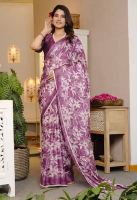 magenta chiffon saree with leaf block print & unstitched blouse piece for women 1