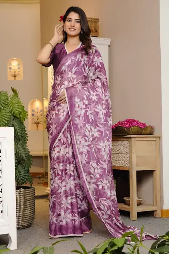 Mirchi fashion magenta chiffon saree with leaf block print & unstitched blouse piece for women