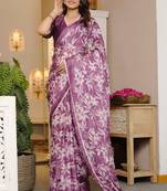 magenta chiffon saree with leaf block print & unstitched blouse piece for women