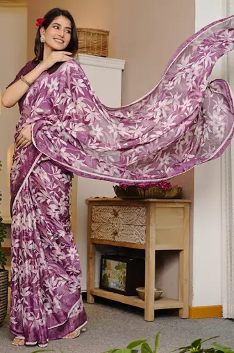 magenta chiffon saree with leaf block print & unstitched blouse piece for women
