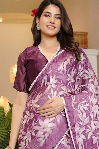 magenta chiffon saree with leaf block print & unstitched blouse piece for women