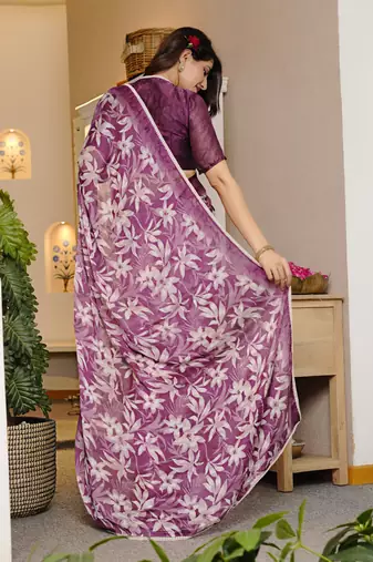 magenta chiffon saree with leaf block print & unstitched blouse piece for women
