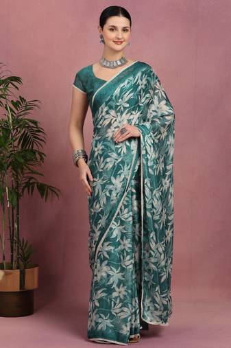 Mirchi fashion teal chiffon saree with leaf block print & unstitched blouse piece for women