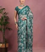 teal chiffon saree with leaf block print & unstitched blouse piece for women