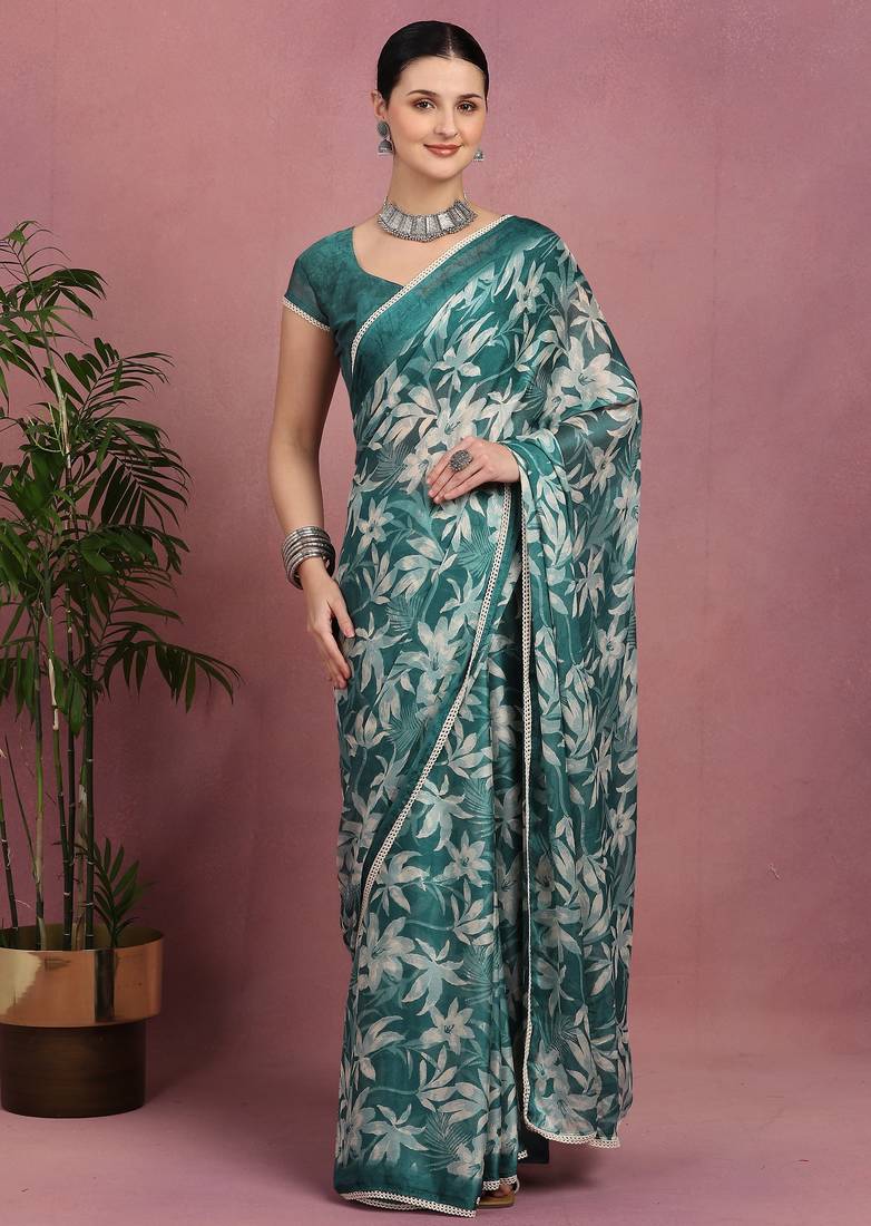 Mirchi fashion teal chiffon saree with leaf block print & unstitched blouse piece for women