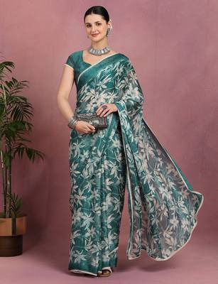 teal chiffon saree with leaf block print & unstitched blouse piece for women 2