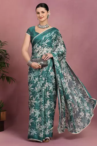 teal chiffon saree with leaf block print & unstitched blouse piece for women