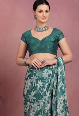 teal chiffon saree with leaf block print & unstitched blouse piece for women 3