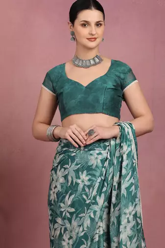 teal chiffon saree with leaf block print & unstitched blouse piece for women