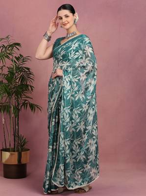 teal chiffon saree with leaf block print & unstitched blouse piece for women 4
