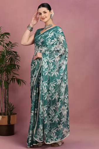 teal chiffon saree with leaf block print & unstitched blouse piece for women