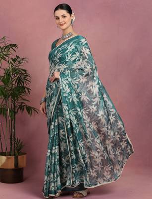teal chiffon saree with leaf block print & unstitched blouse piece for women 5