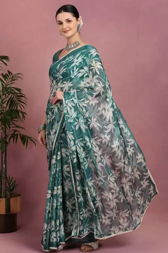 teal chiffon saree with leaf block print & unstitched blouse piece for women