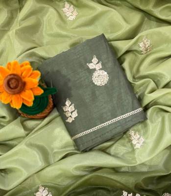 Olive Color zari thread  and sequence Chinon art silk saree 1